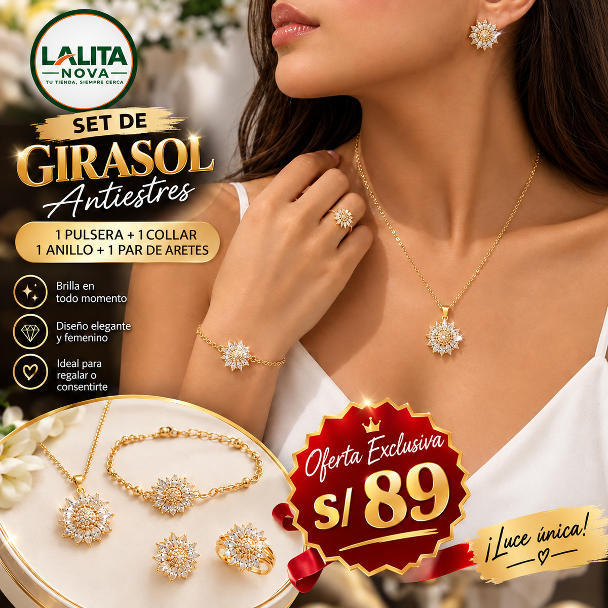 🌻✨Set Girasol Collar + Aretes + Anillo + Pulsera™ | ENVIO GRATIS 🎁