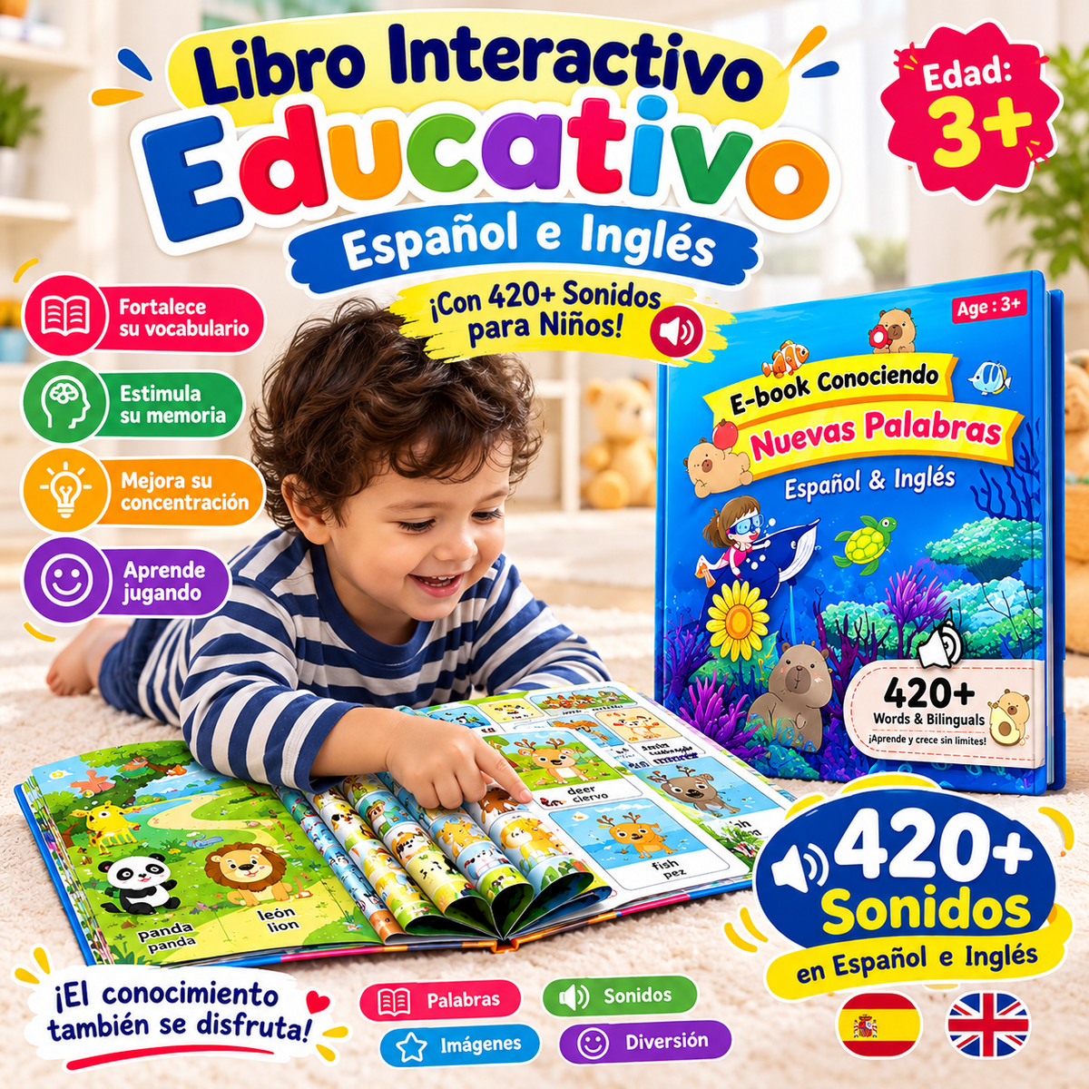 Libro Interactivo Educativo Español e Inglés con 420+ Sonidos para Niños