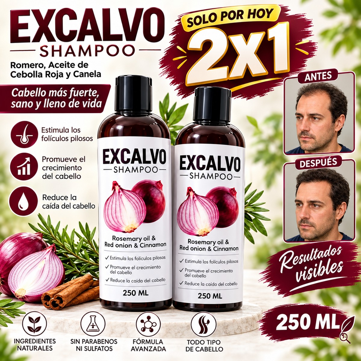 SHAMPOO EXCALVO ANTICAÍDA ORIGINAL™ | SOLO POR HOY 2X1 🔥
